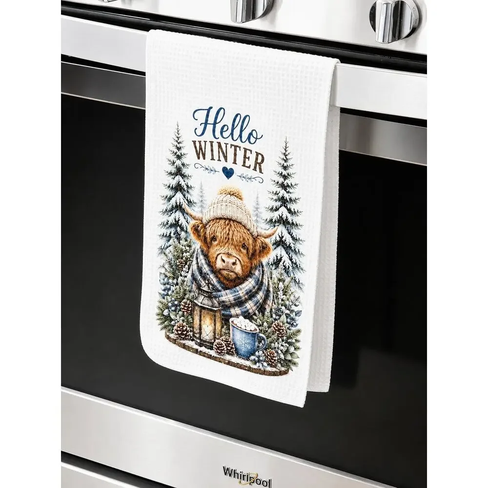 Hello Winter Highland Cow Kitchen Towel Snowy Farmhouse Winter Decor
